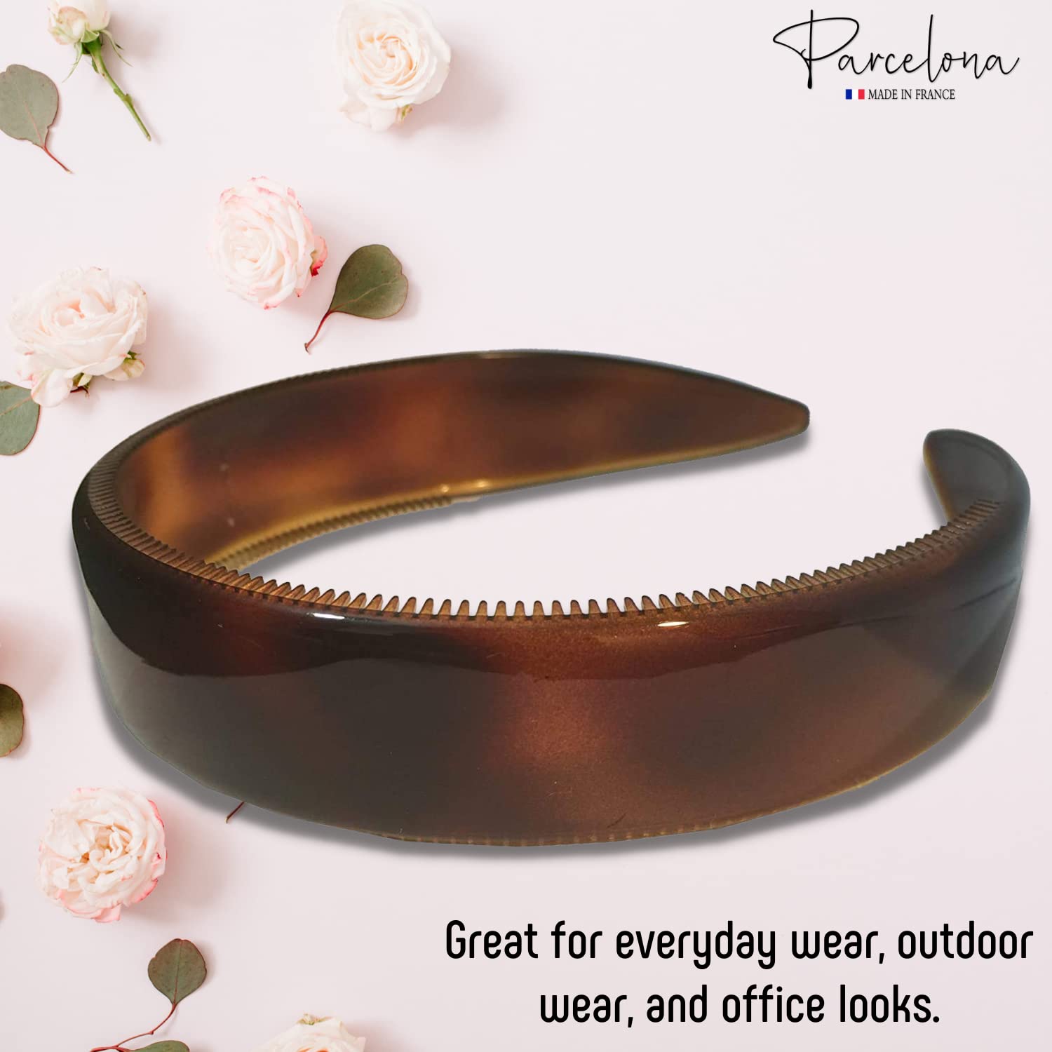 Parcelona Diadema de pelo flexible de celuloide marrón con concha de tortuga francesa extra ancha para mujer, agarre fuerte, antideslizante,