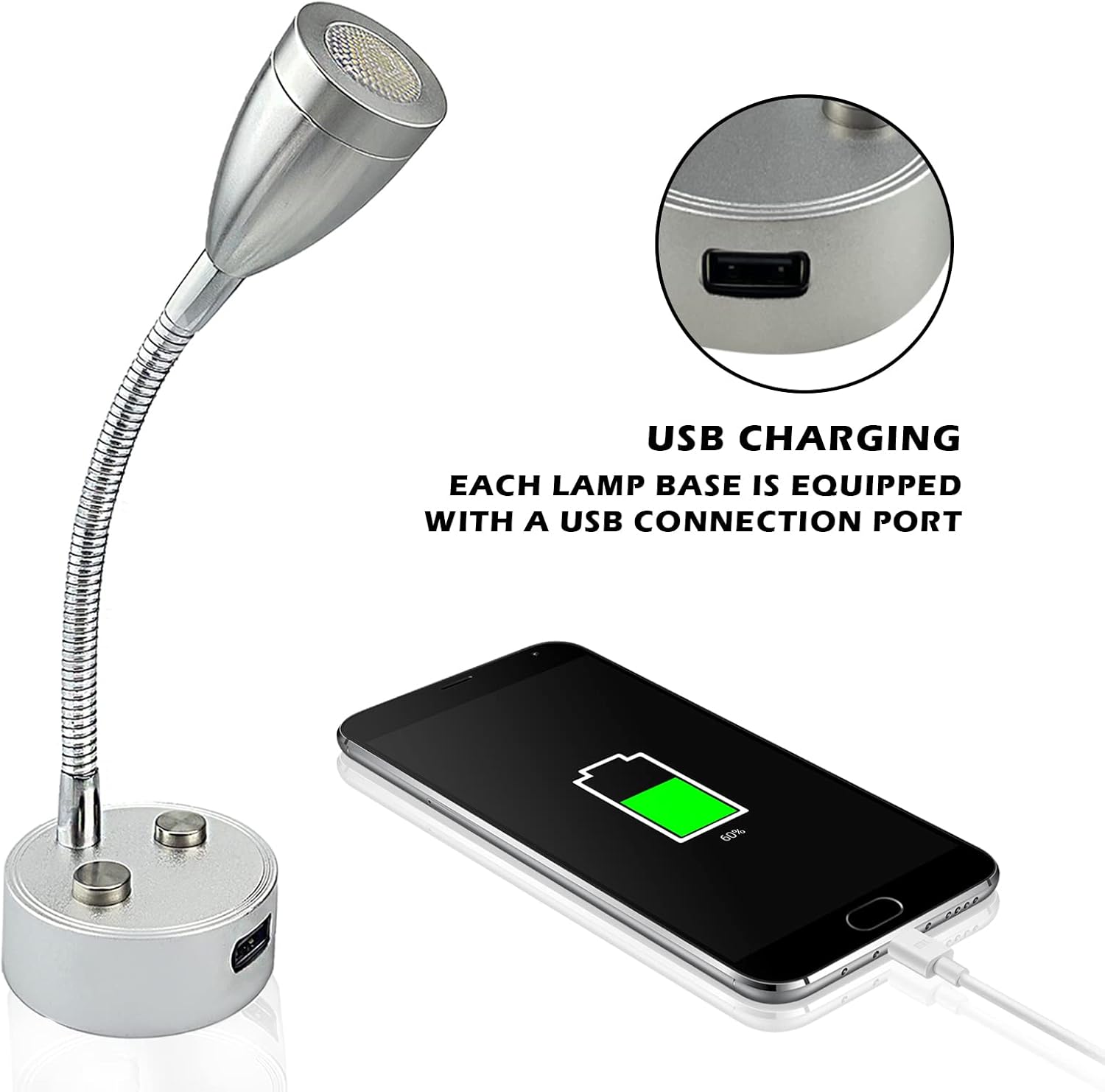 TZnpnor – Paquete de 2 luces LED de noche de 12 a 24 V, puerto de carga USB, cuello de cisne, atenuación táctil, foco giratorio de 360 para cámper,