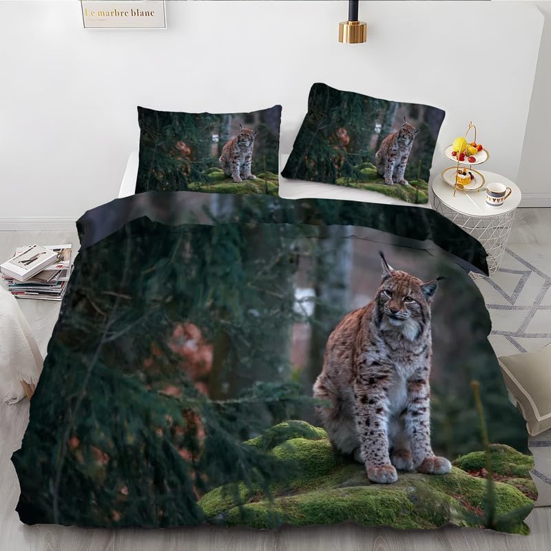 Dark Green Small Animals King Duvet Cover Lynx Print King Bedding Set Soft Microfiber Comforter Cover and 2 Pillow Shams 20″X36″, Bed Set Duvet