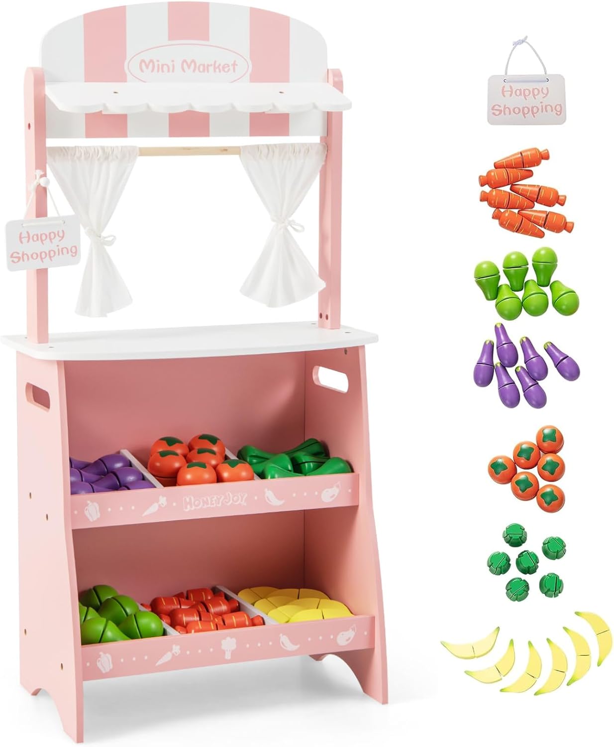 HONEY JOY Juego de tienda de comestibles para niños, soporte de madera para frutas con 36 accesorios para cortar alimentos y verduras, tienda de