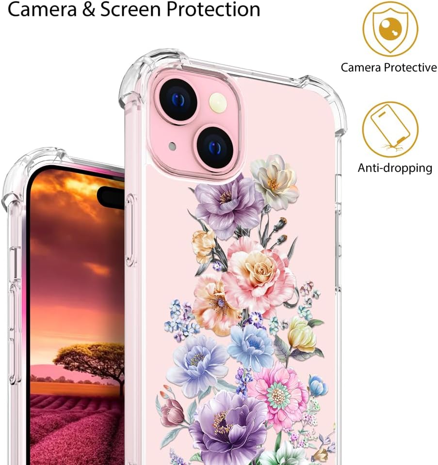 Funda compatible con iPhone 15, diseño floral lindo transparente para mujeres, niñas de diseñador, funda transparente de diseño floral, teléfono 15