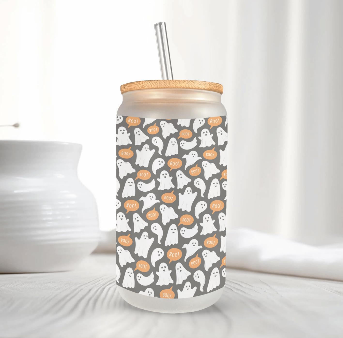 Cute Little Ghost Frosted Glass Can with Bamboo Lid, straw and cleaning brush, 16 Oz Halloween Vibes Glass Cup Mugzan
