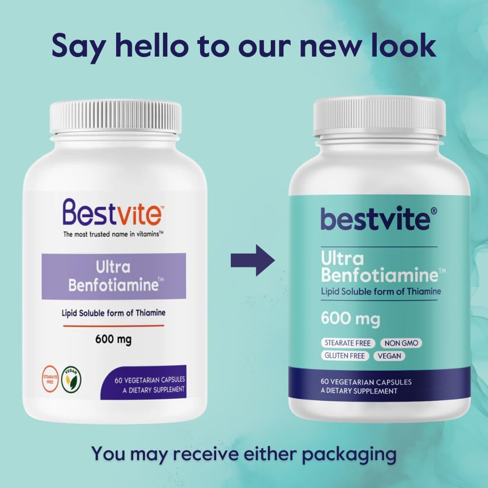BESTVITE Ultra Benfotiamina 600 mg por cápsula (60 cápsulas vegetarianas) sin estearatos – Sin dióxido de silicio – Vegano – Sin OMG – Sin gluten –