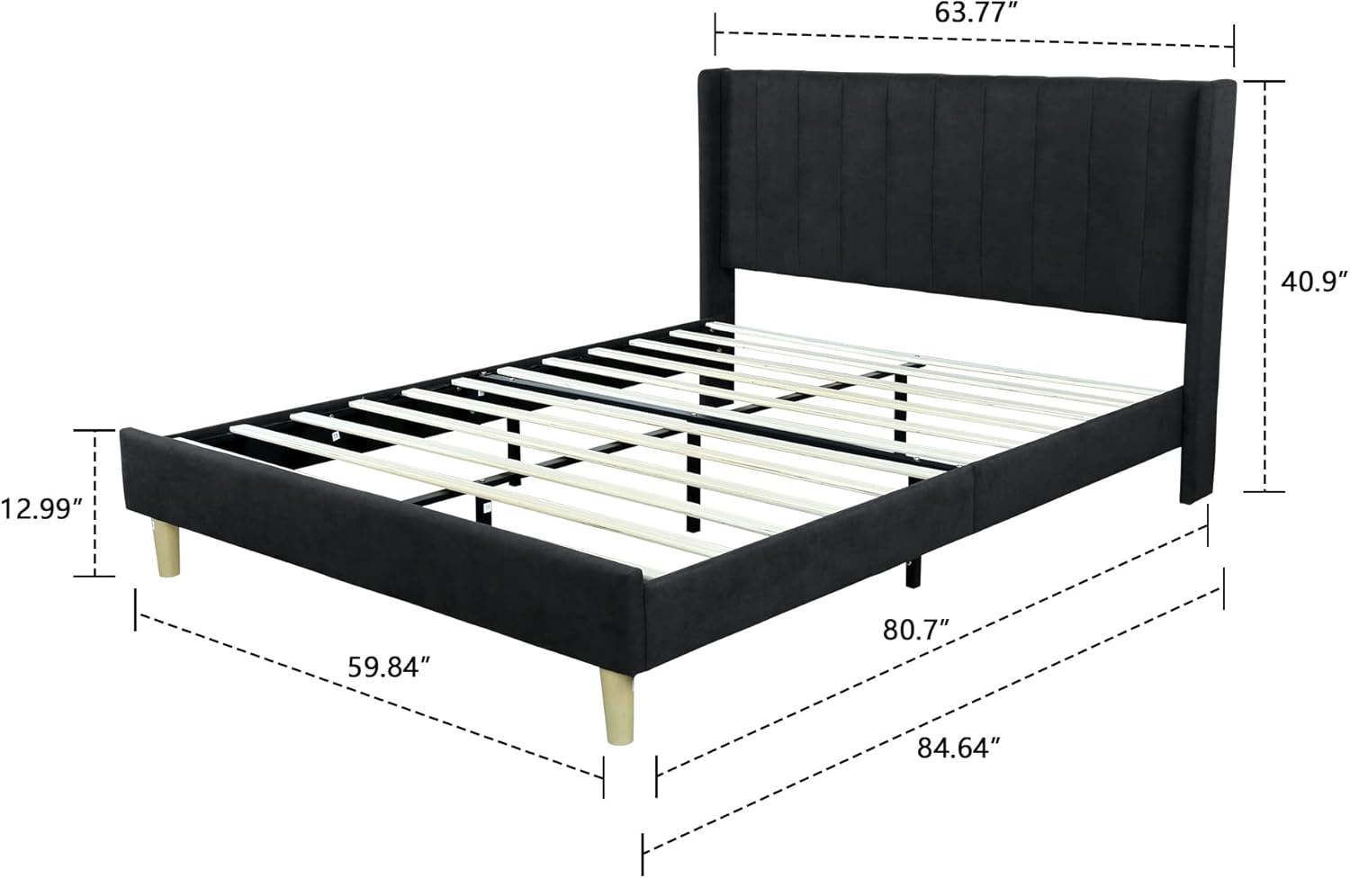 Cama de plataforma tapizada de perfil bajo, camas matrimoniales con negro (lino)