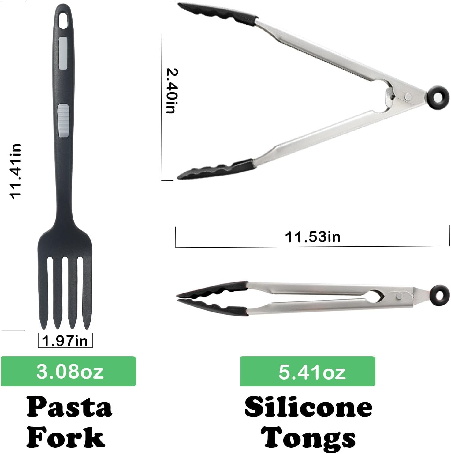 Juego de 2 tenedores de silicona, pinzas de acero inoxidable para cocinar con puntas de silicona de 10 pulgadas, tenedor de pasta negro y pinzas