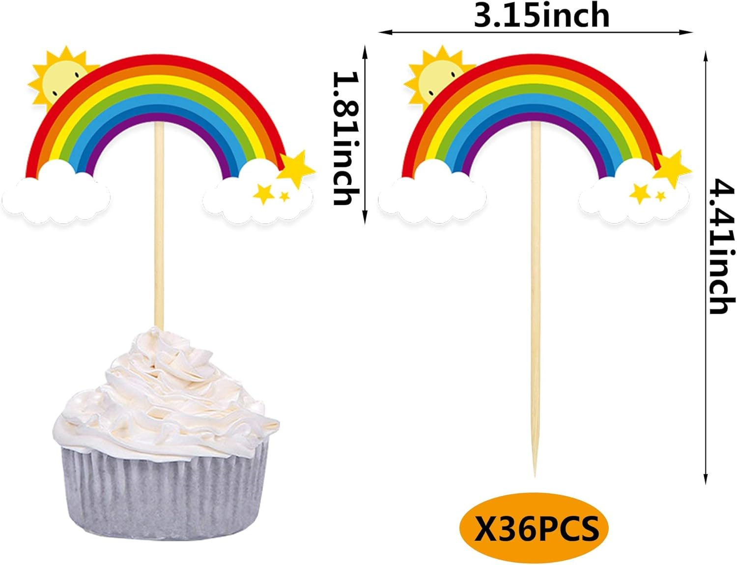 36 piezas de decoración de cupcakes de arco iris colorido arco iris, decoraciones de cumpleaños para decoración de fiesta de cumpleaños de arco