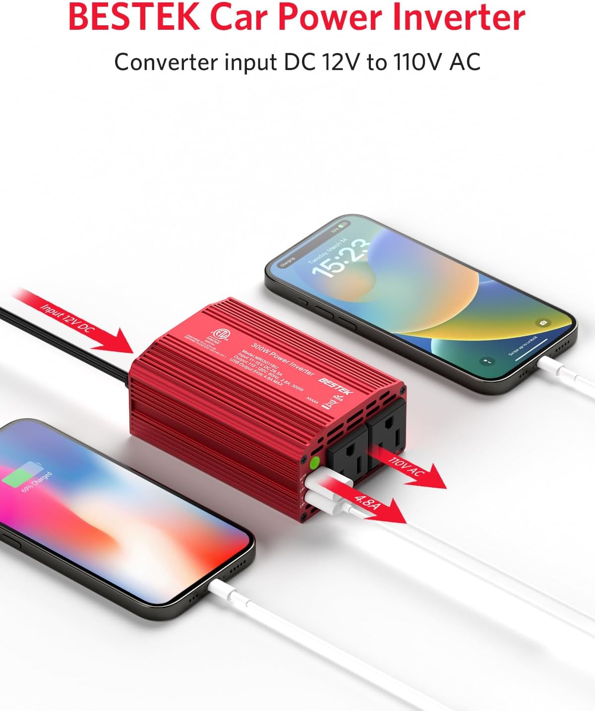 BESTEK Inversor de corriente para automóvil de 300 W, convertidor de inversor de automóvil de CC 12 V a 110 V CA con puertos de carga USB duales de