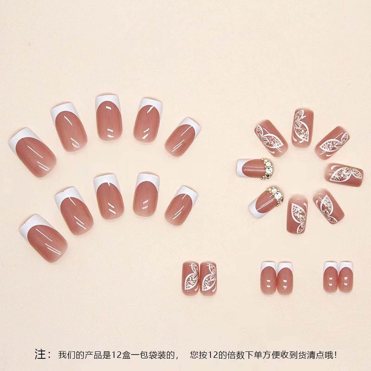 Uñas postizas a presión, francesas, cortas, medianas, cuadradas, rosas, mariposa, diamantes de imitación, uñas postizas cortas cuadradas acrílicas