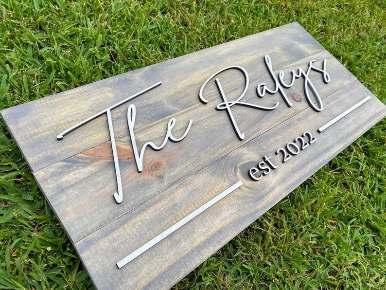 Personzalized 3D Style Effect Wood Sign for Easy Customization and Family Name Wedding Gift (White Text – Gray Stain)
