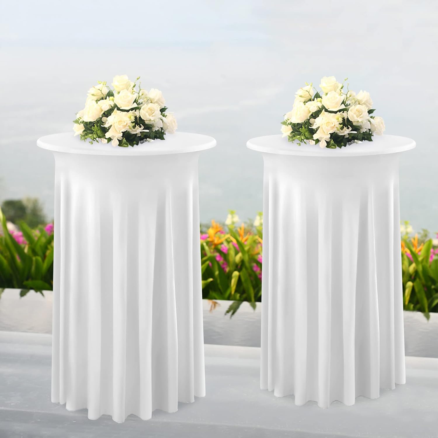 Paquete de 4 manteles redondos blancos de 24 x 43 pulgadas, elásticos, sin arrugas, para cóctel, fiesta, boda, banquete, baby shower, decoración de