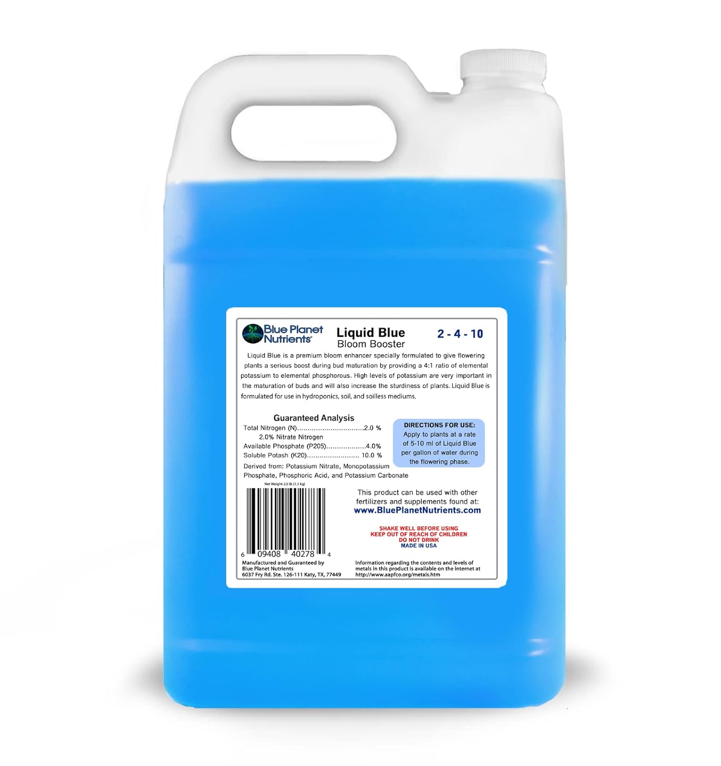 Liquid Blue Bloom Booster (128 oz) galón  Suplemento de fósforo de potasio para floración  para todas las plantas y jardines  Blue Planet Nutrients