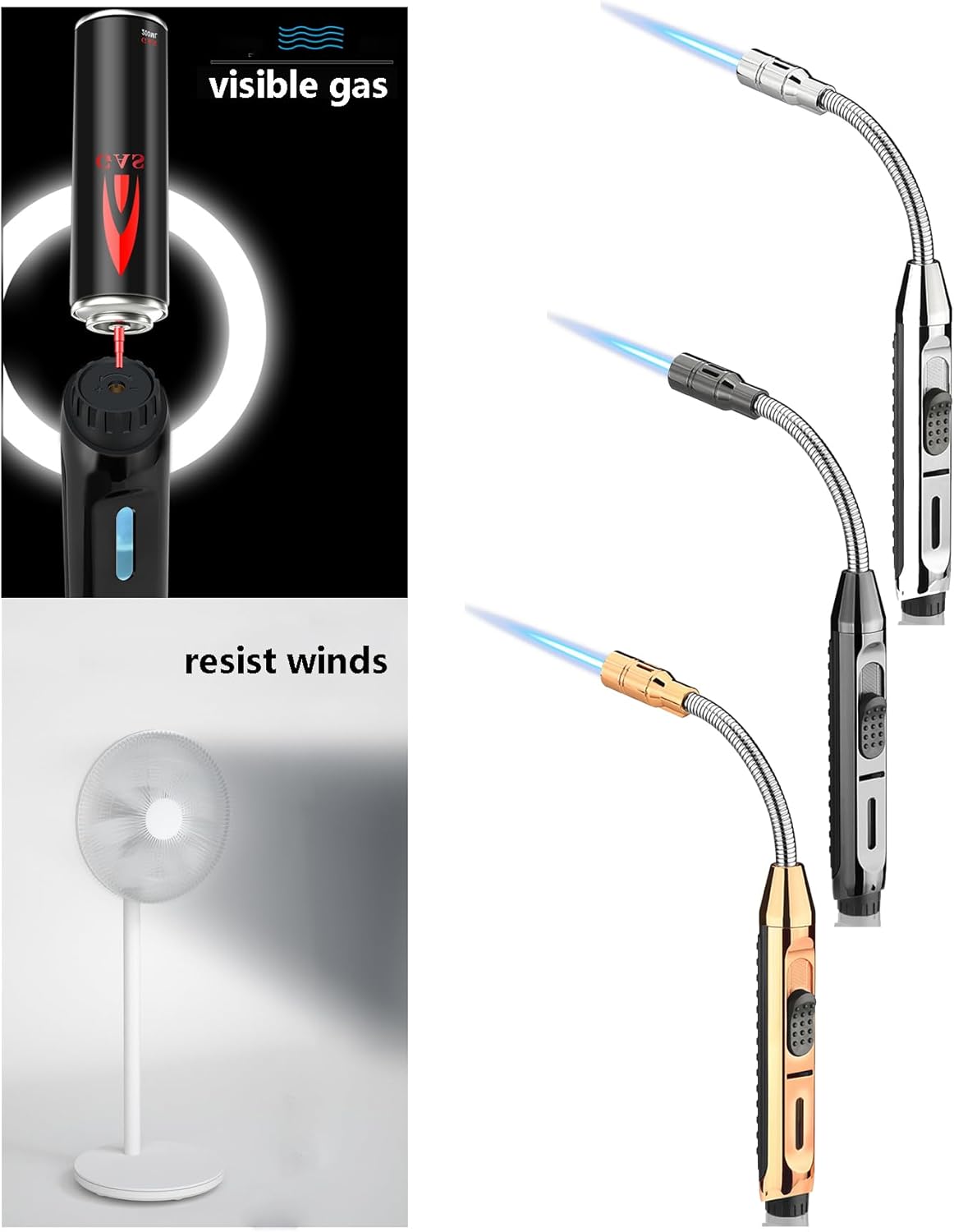 Jnfire Encendedor largo de butano recargable, resistente al viento, ajustable, con ventana visual de combustible, encendedor flexible de 360 para