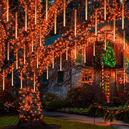 YEGUO Paquete de 2 luces naranjas de Acción de Gracias al aire libre, luces solares de lluvia de meteoritos impermeables, 16 tubos 288 luces LED de