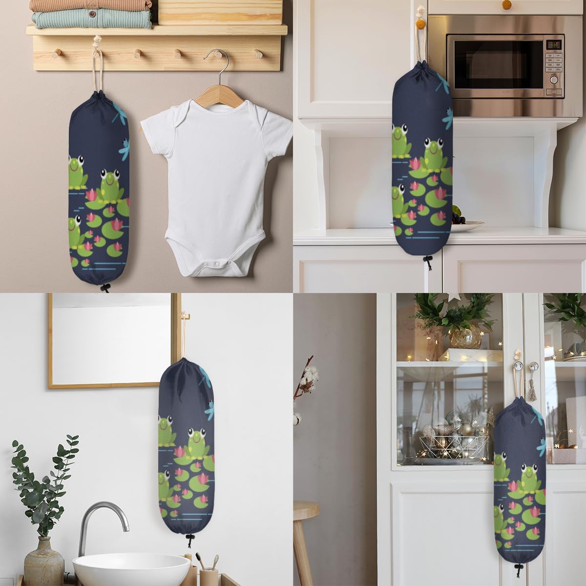 Soporte para bolsas de plástico de rana verde, estanque de loto, libélula lavable, grande, soporte para bolsa de comestibles, organizador de bolsas