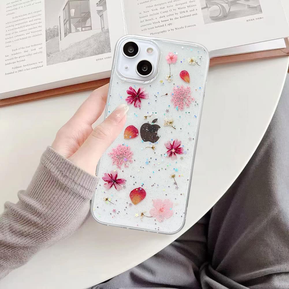 Diseñada para iPhone 13, funda estética brillante transparente con diseño de flores naturales, TPU suave prensado floral real, a prueba de golpes,