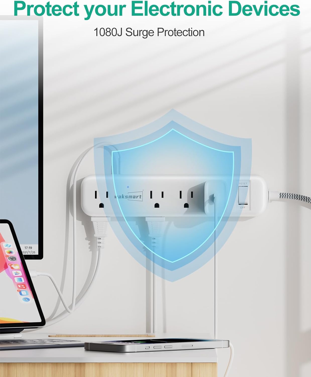 Cable de extensión plano de 20 pies, múltiples tomacorrientes, protector de sobretensiones, 8 salidas de CA, 3 USB de carga rápida (3.4 A 17 W),