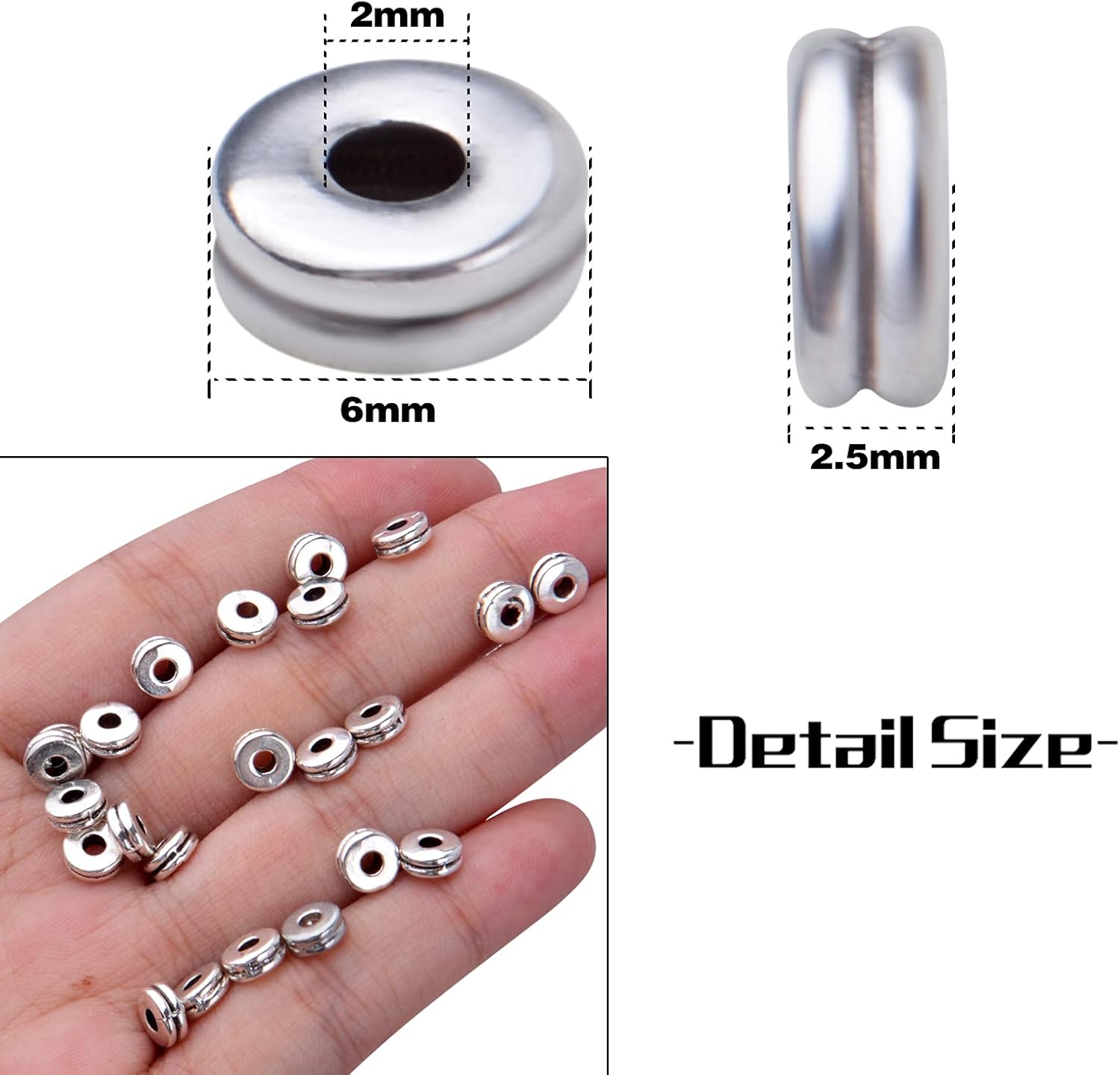 Aylifu 200 cuentas espaciadoras redondas planas de plata de 0.236 pulgadas (0.236in), cuentas de disco espaciadoras, cuentas sueltas espaciadoras