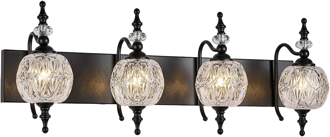 TLOLGT 4 luces negras para tocador de baño, modernas luces pintadas de superficie negra con pantalla de cristal grueso, apliques de pared para baño