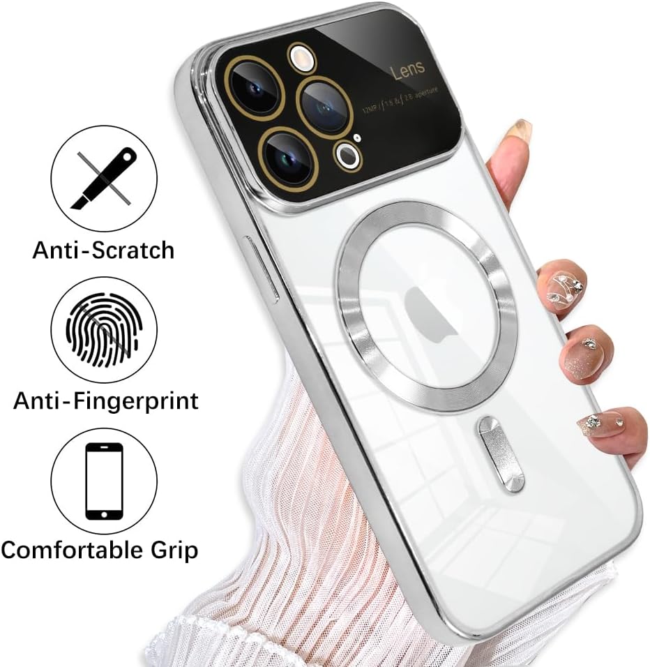 KANGHAR Funda magnética transparente para iPhone 14 Pro Max para mujeres y hombres con protector de lente, antiarañazos, chapado de lujo, compatible