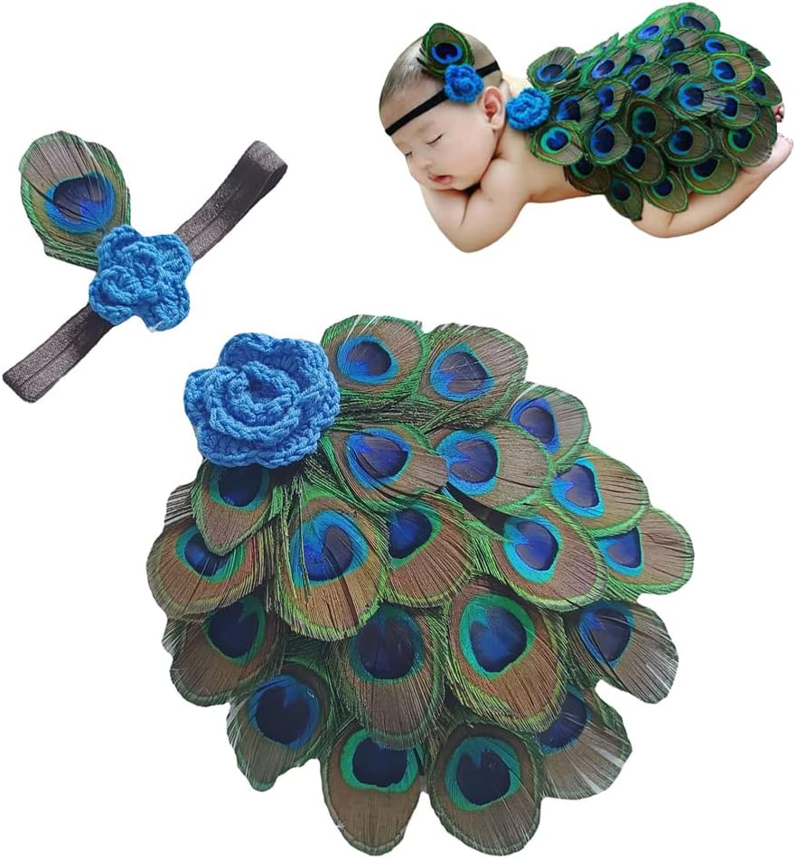 Trajes de fotografía para bebé, alas de plumas de pavo real + diadema para bebés, niños y niñas de 0 a 2 meses, accesorios de fotografía para bebés