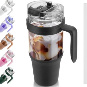 Tronco Vaso de vidrio de 40 onzas con asa, popote abatible a prueba de fugas, vaso de vidrio reutilizable con popote y tapa, taza de café helado con Tronco Vaso de vidrio de 40 onzas con asa, popote abatible a prueba de fugas, vaso de vidrio reutilizable con popote y tapa, taza de café helado con