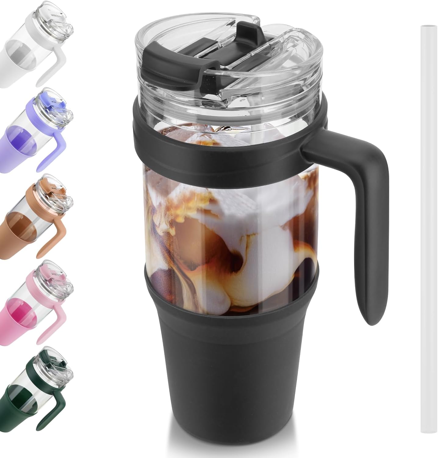 Tronco Vaso de vidrio de 40 onzas con asa, popote abatible a prueba de fugas, vaso de vidrio reutilizable con popote y tapa, taza de café helado con