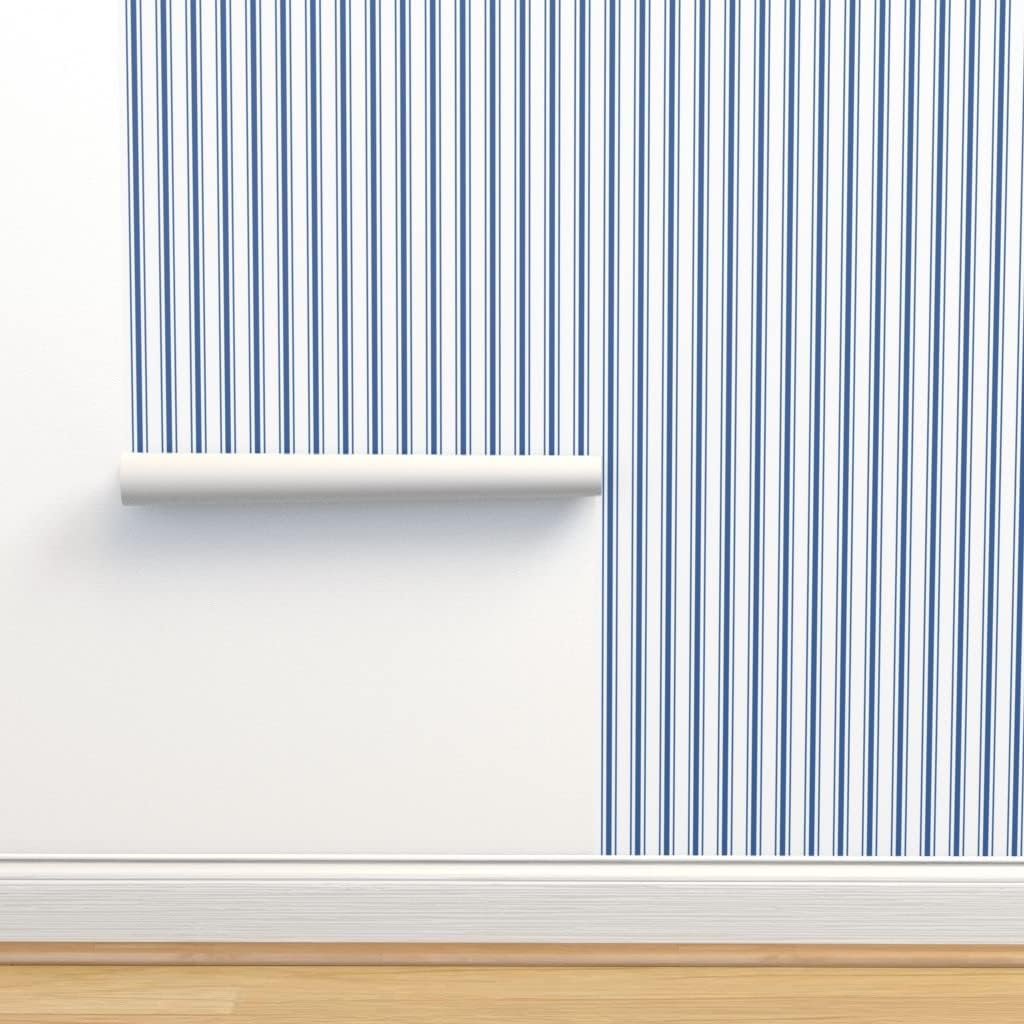 Spoonflower Removable Wallpaper 3ft x 2ft – French Ticking Stripes Striped Pattern Dark Blue White Farmhouse Custom Pre-Pasted Wallpaper