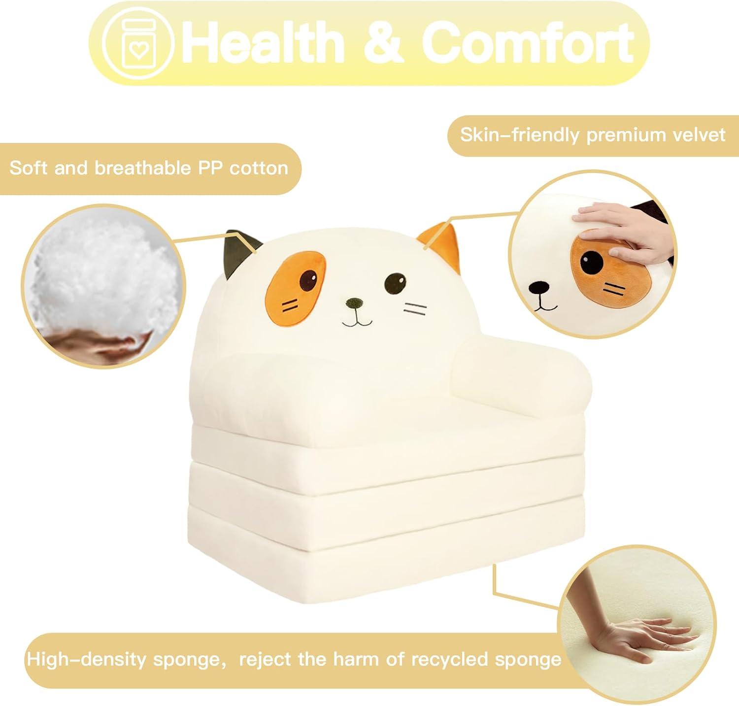 QIUODO Sofá plegable para sala de juegos, sofá abierto de terciopelo 2 en 1 para niños pequeños de 1 a 3 años, cómoda silla infantil para leer y