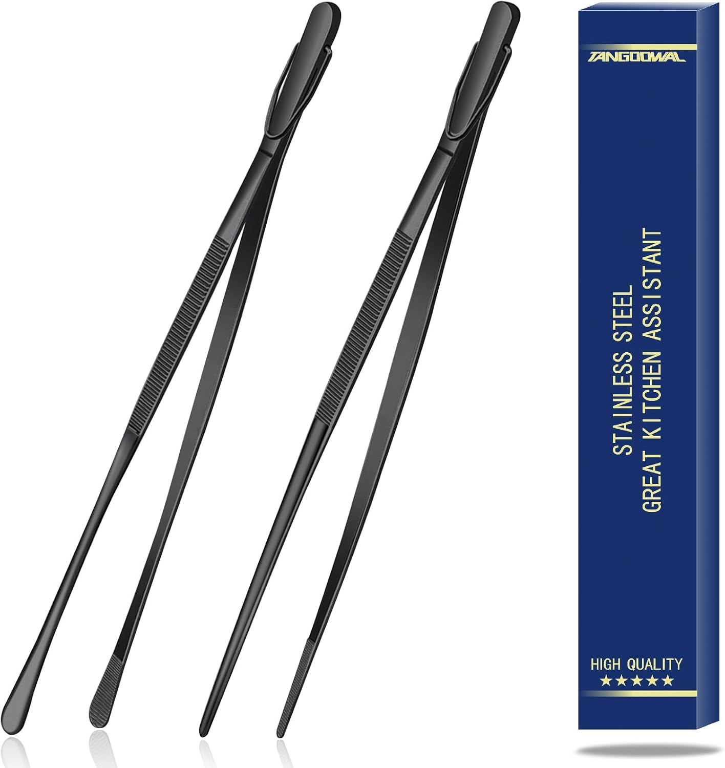 2 pinzas largas y finas de 12 pulgadas para cocinar, pinzas de acero inoxidable para cocina y cocina, color negro