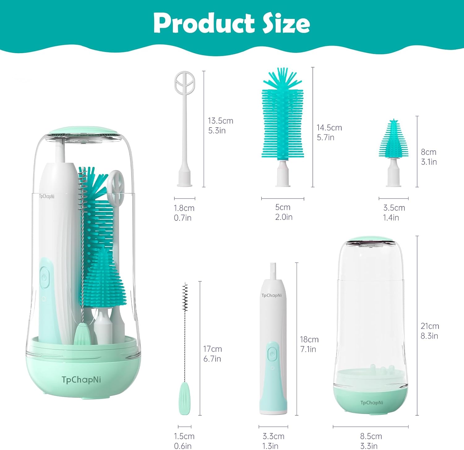 TpChapNi Juego de cepillos eléctricos para biberones de viaje, limpiador de cepillo eléctrico para botellas, Kit de limpiador de botellas de bebé 6