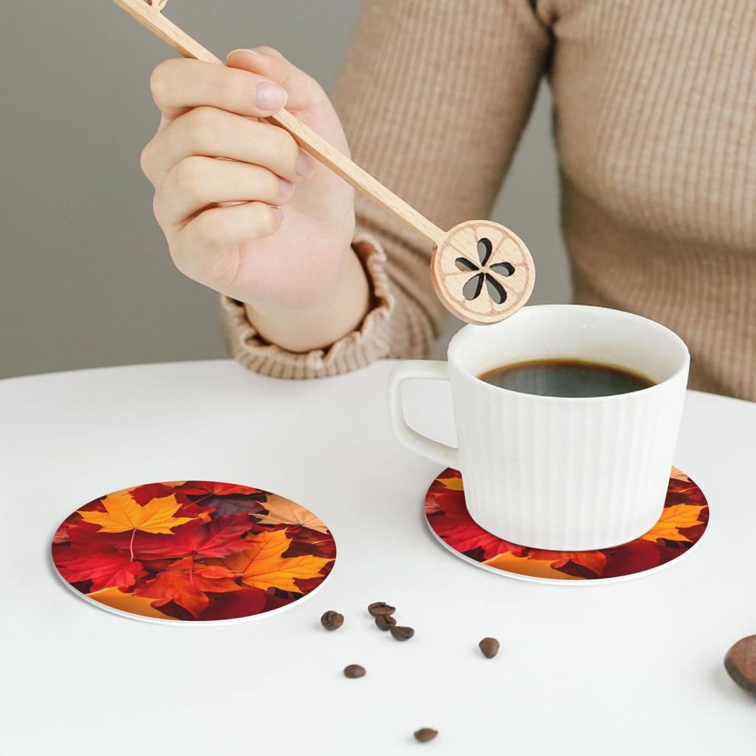Juego de 6 posavasos de cuero con hojas de otoño para bebidas para mesa de centro para inauguración de la casa, cocina, bar, decoración de forma