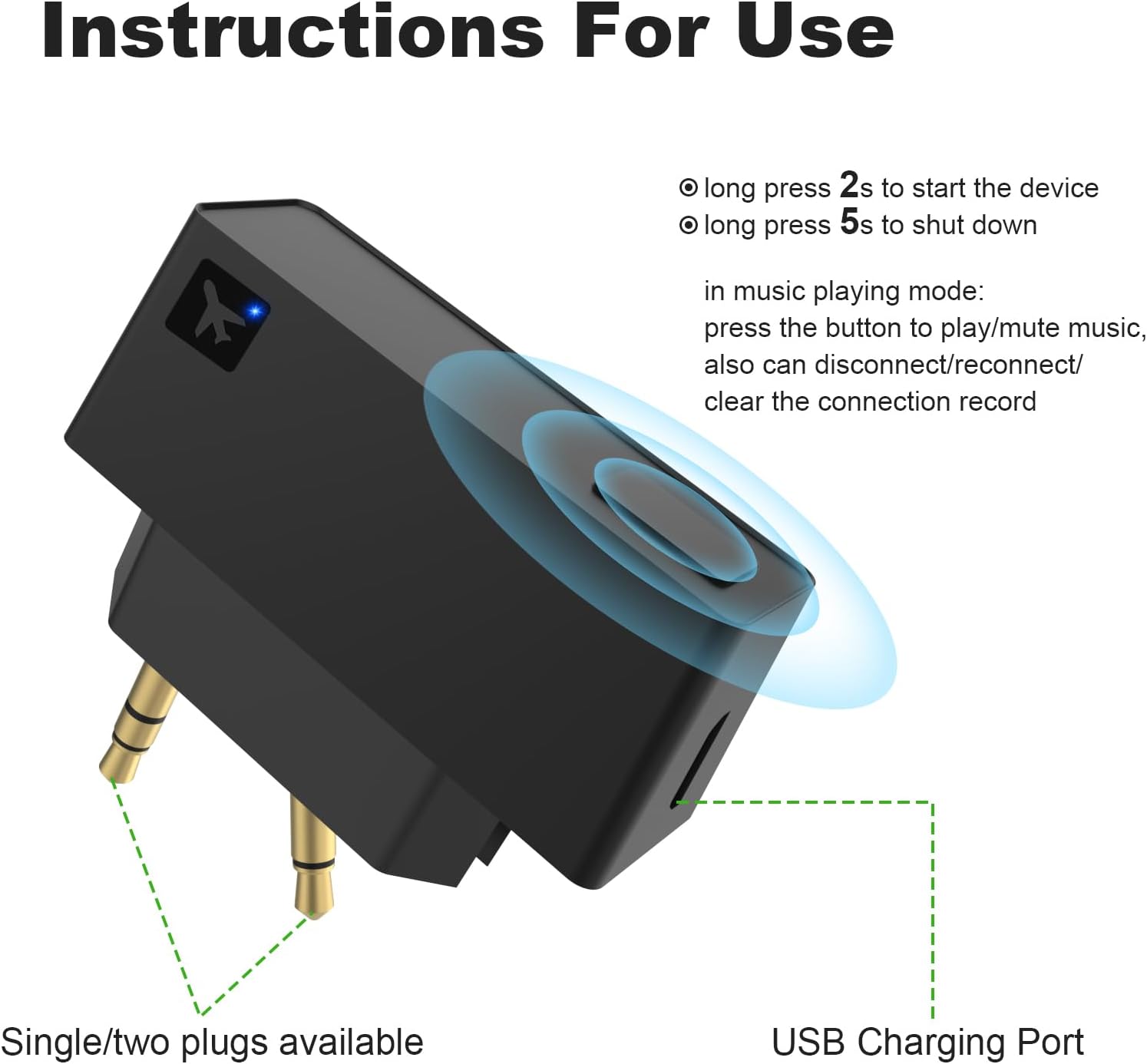 Adaptador de audio Bluetooth de avión para auriculares inalámbricos y cualquier conector auxiliar de 0.138 in en el avión, receptor transmisor