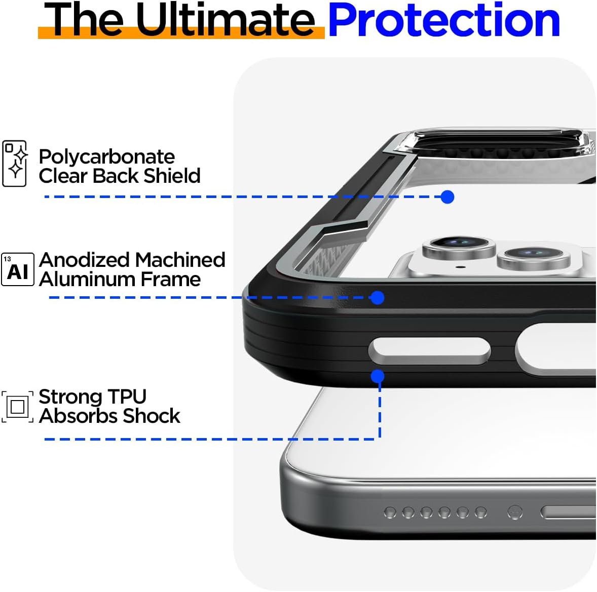 AICase Funda para iPhone 15 de titanio a prueba de golpes, transparente, de grado militar, prueba de caídas de 20 pies, marco de aluminio duradero,