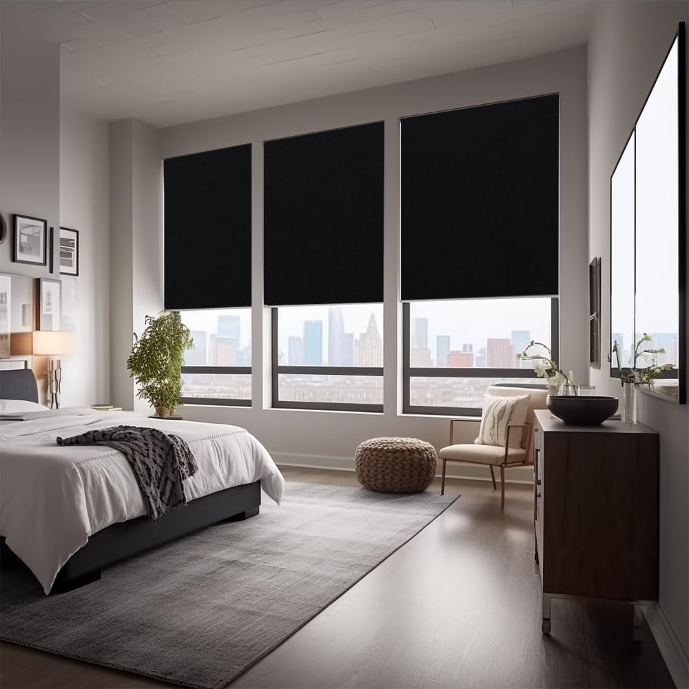 Persianas enrollables 85 % opacas, para oscurecer la habitación, con tela aislante térmica, con cadena, para hogar y oficina (negro, 48 pulgadas de