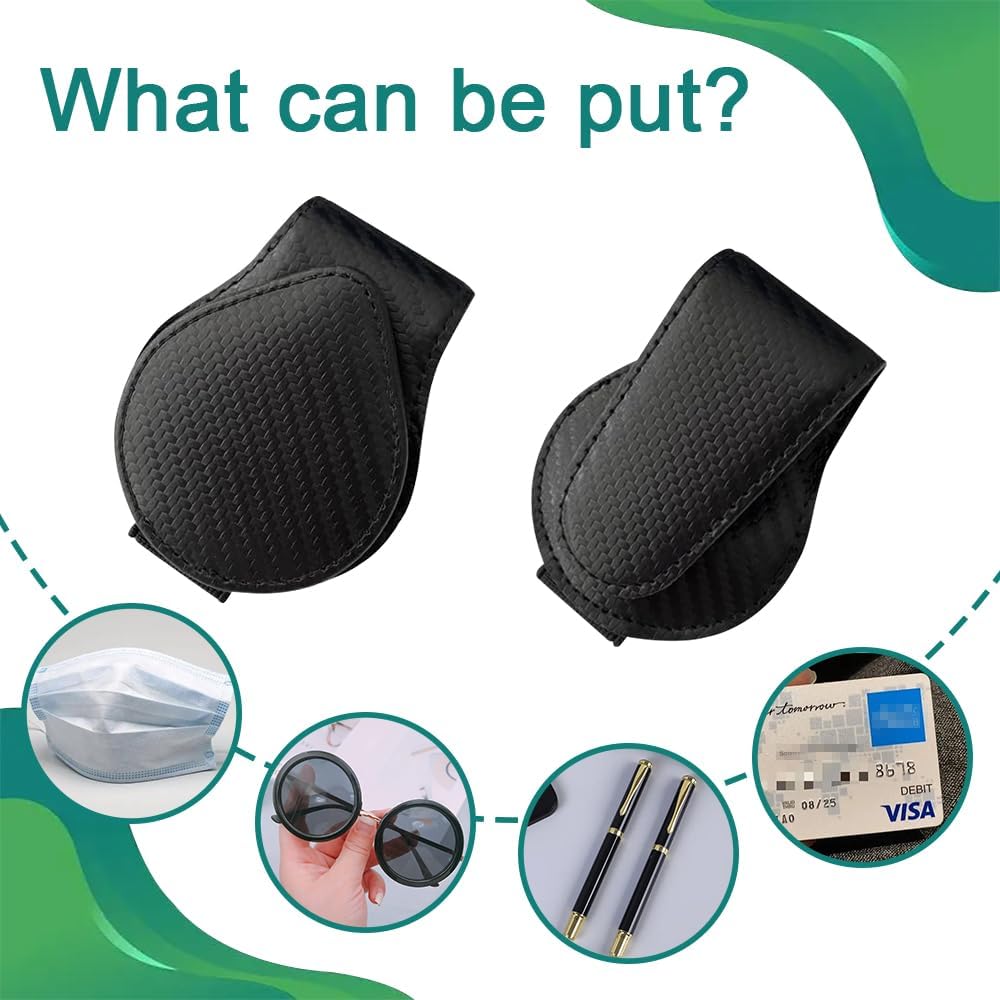 ASUBHA 2 soportes para lentes de sol para visera de automóvil, clip magnético de cuero para gafas, soporte para lentes de sol y clip para tarjeta de
