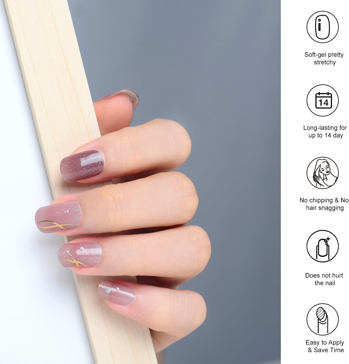 Tiras de esmalte de uñas de calidad de salón, 24 unidades, calcomanías de uñas de larga duración, no necesita luz UV, tiras de uñas de gel para