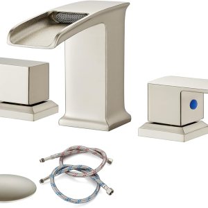 gotonovo Grifo de lavabo de baño de cascada generalizado, níquel cepillado, 8 pulgadas, conjunto de drenaje emergente a juego, juego de grifos de gotonovo Grifo de lavabo de baño de cascada generalizado, níquel cepillado, 8 pulgadas, conjunto de drenaje emergente a juego, juego de grifos de