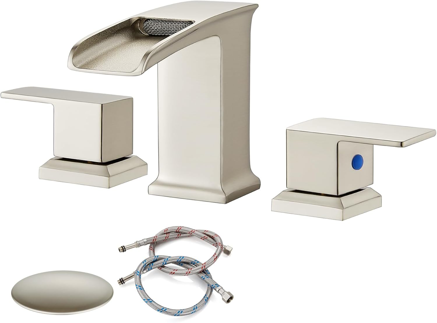 gotonovo Grifo de lavabo de baño de cascada generalizado, níquel cepillado, 8 pulgadas, conjunto de drenaje emergente a juego, juego de grifos de