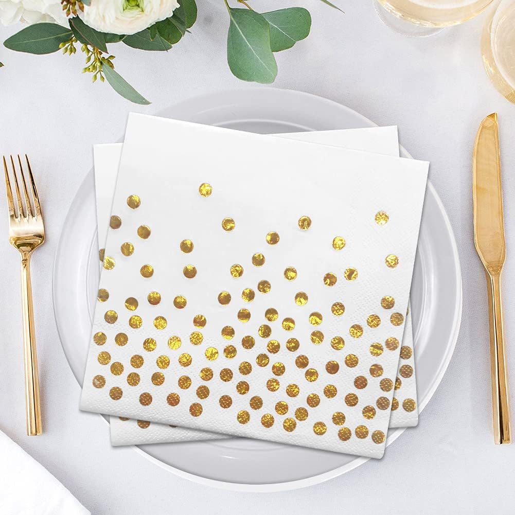 meioro Servilletas desechables de papel de cóctel de 2 capas, con confeti de lunares de lámina de oro rosa para cena, despedida de boda y decoración