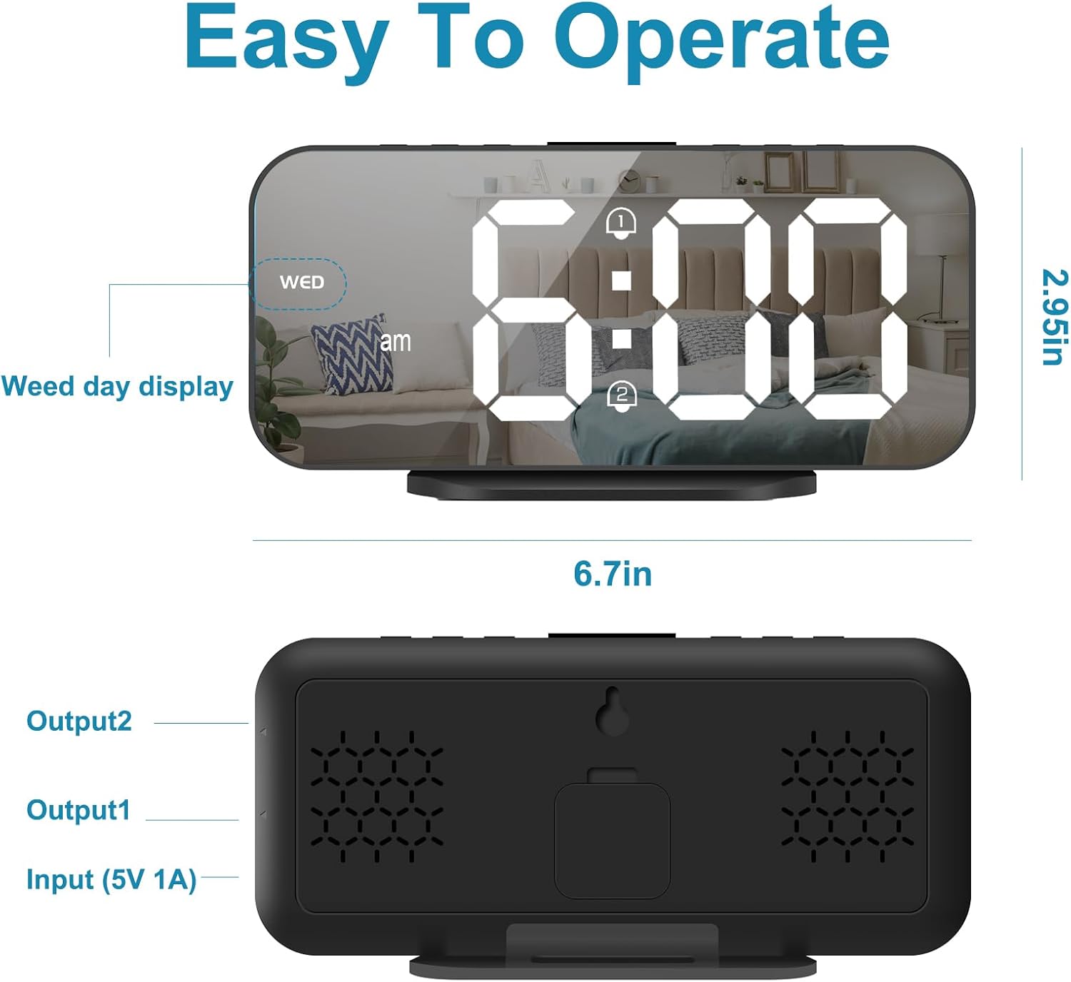 ALANAS Reloj despertador digital con doble alarma, espejo LED reloj despertador para dormitorio para niños, brillo ajustable, repetición, 2 puertos