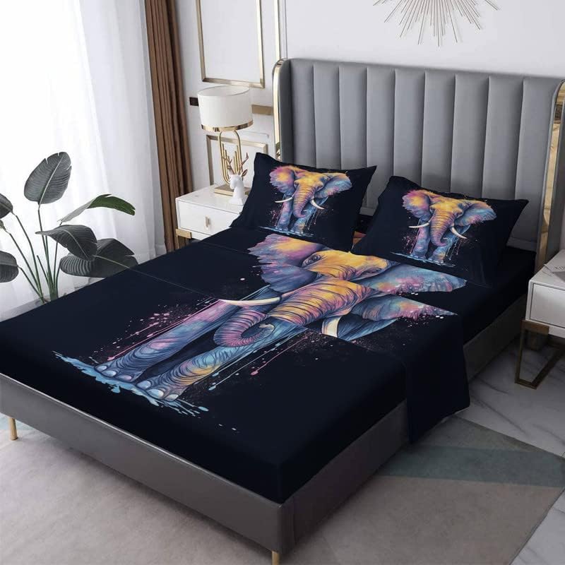 Juego de sábanas de elefante tamaño Queen, sábanas de microfibra suave y bolsillo profundo, sábanas y fundas de almohada estampadas sin arrugas, 4