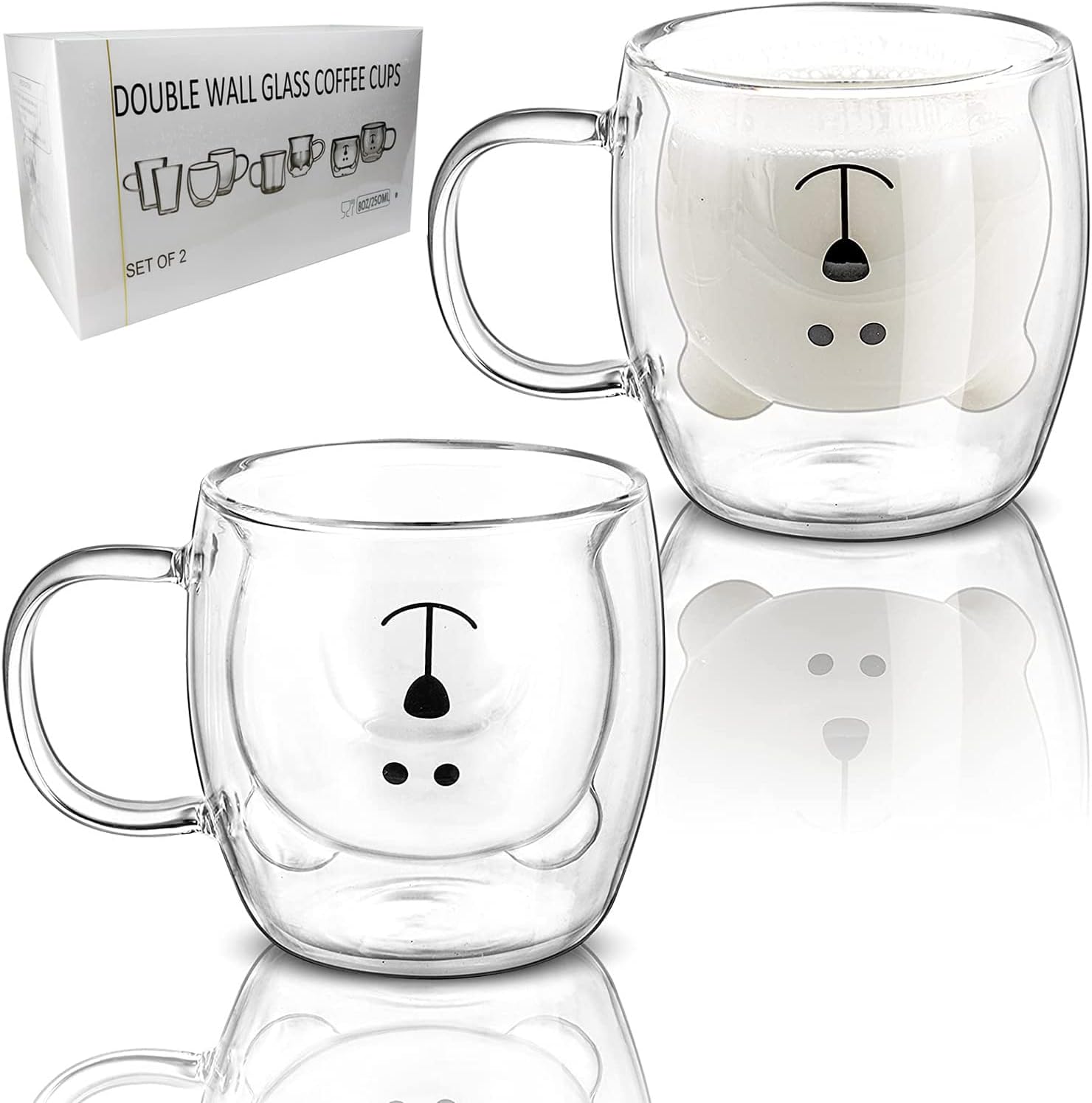 Tazas de café de oso de vidrio, capacidad de 8 onzas, 8.5 fl oz, aislamiento de doble pared, lindas tazas de café para niños, leche, cerveza para