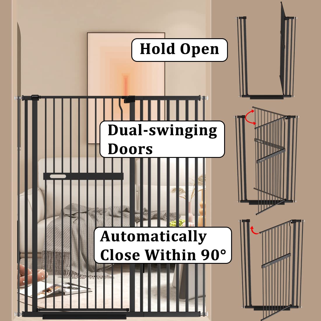 WAOWAO Puerta extra alta de 55.11 pulgadas para gatos y mascotas, 33.07-36.22 pulgadas de ancho, con cierre automático, seguridad de metal negro,