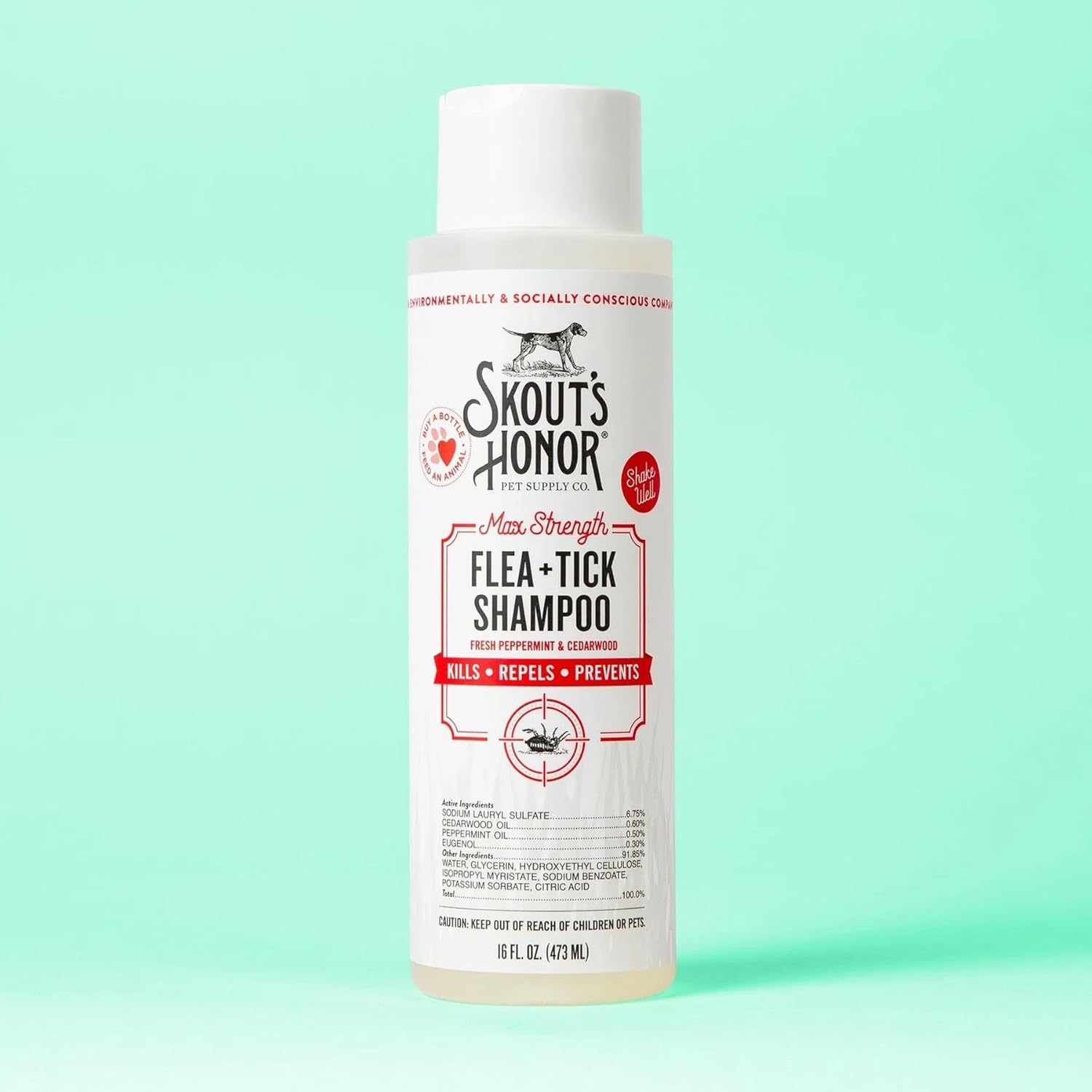SKOUT’S HONOR Champú Flea + Tick con aceites esenciales de madera de cedro natural y menta, 16 onzas.