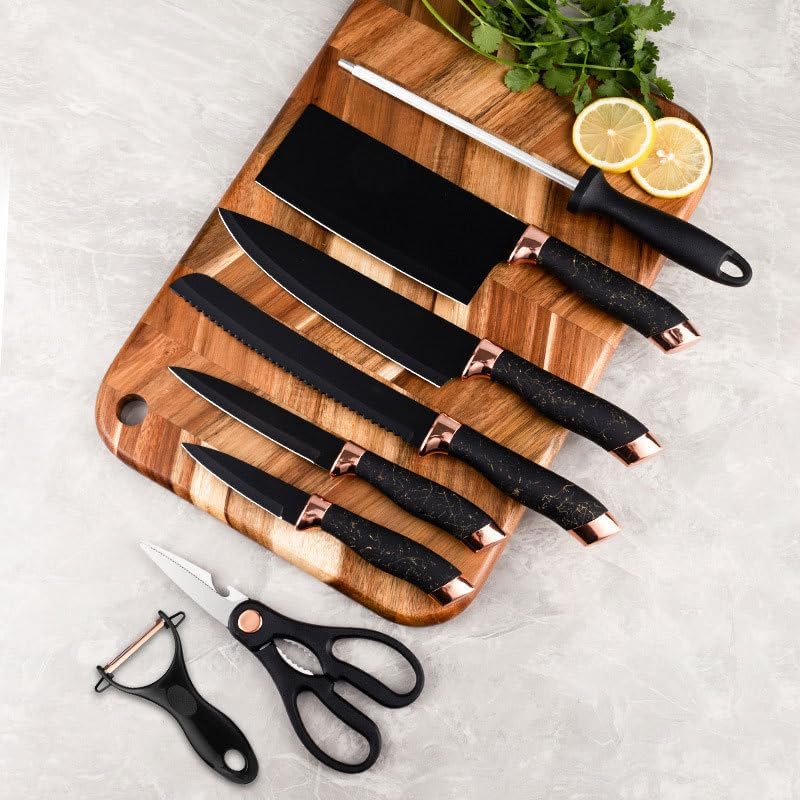 Juego de 8 cuchillos de cocina, cuchillos de chef, cuchillos de pan, cuchillos de carne, proceso de martillo, mango ergonómico de acero inoxidable