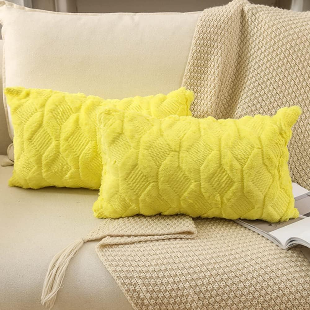 Juego de 2 fundas de almohada decorativas de 12 x 20 pulgadas, suave felpa de terciopelo de lana corta, funda de cojín amarilla para sofá,