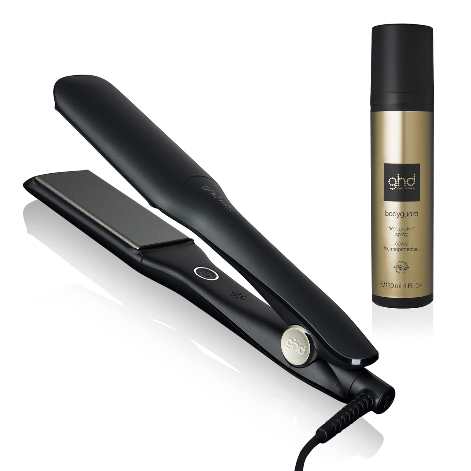 ghd Max Styler Essentials Duo – Plancha plana de 2 pulgadas de ancho para alisar el cabello (negro) con protector de cuerpo en aerosol de protección