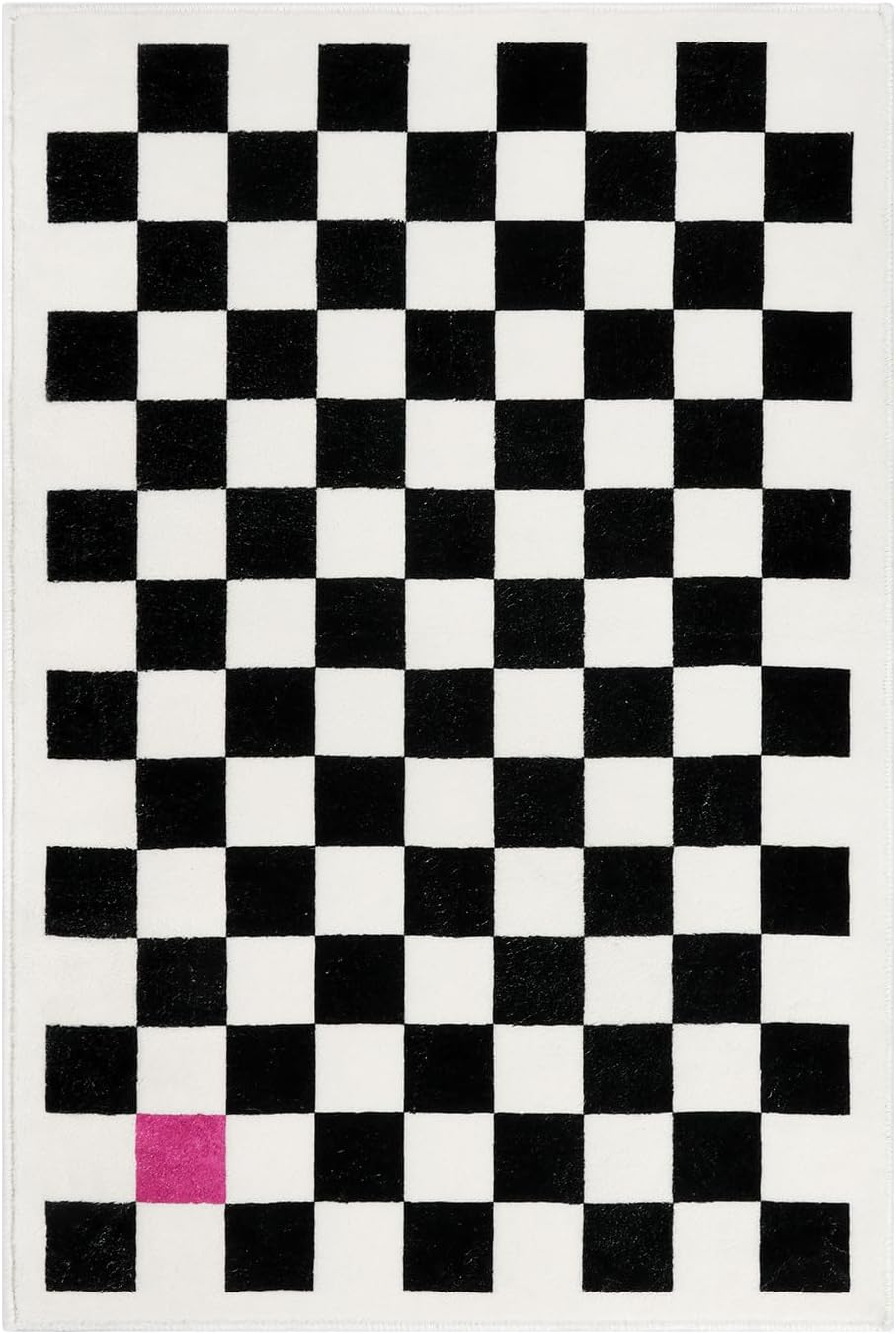 Wonnitar Alfombra moderna a cuadros de 2 x 3 pies para entrada, alfombra de baño pequeña lavable en blanco y negro, antideslizante, diseño de