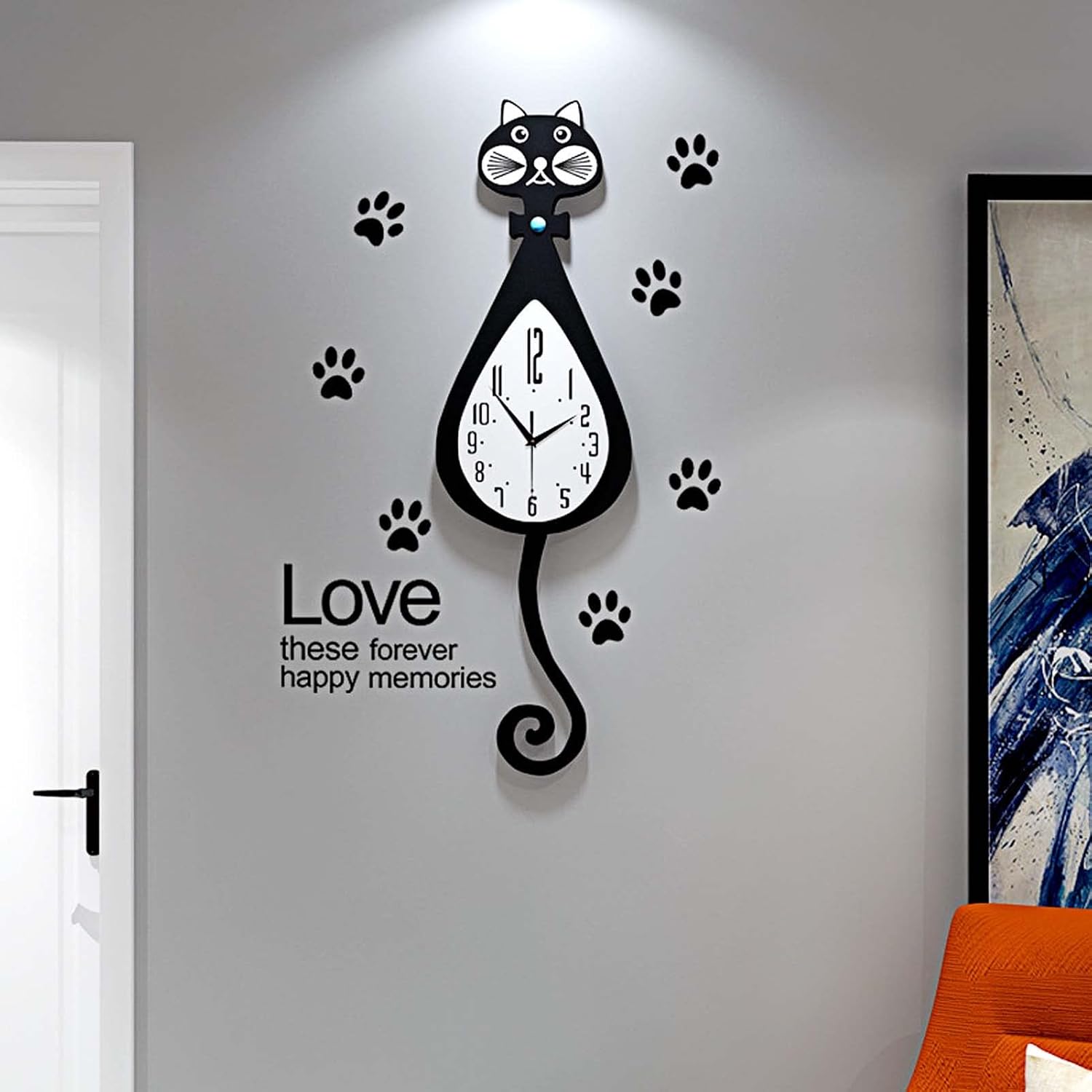 Reloj de pared con péndulo para decoración de gatos, funciona con pilas, reloj de gato negro silencioso con cola giratoria, reloj grande de madera