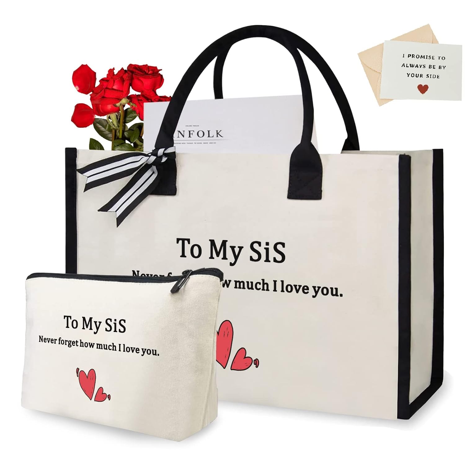 Canvas Tote Bag for Sis Cosmetic Bag Free Tote Bag with Inner Zipper Pocket Shoulder Bag for women Gifts for Sis Sister Gifts Tote for Hospital,